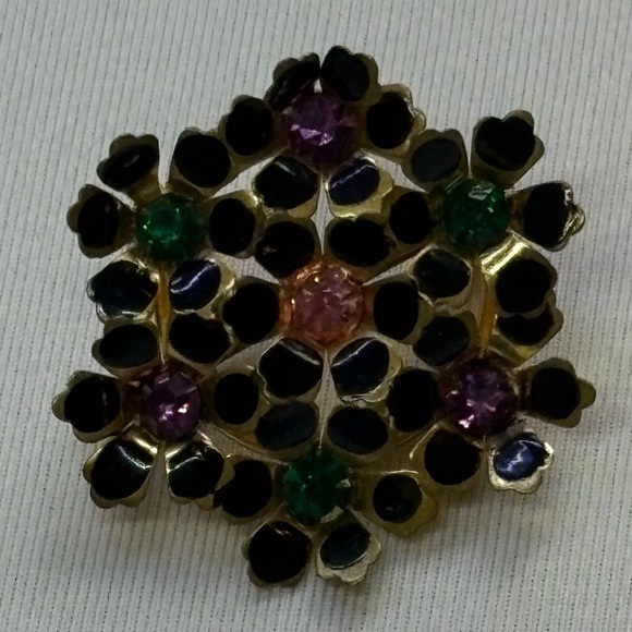 Vintage Enamel Rhinestone Flower Brooch Pin - Picture 2 of 5